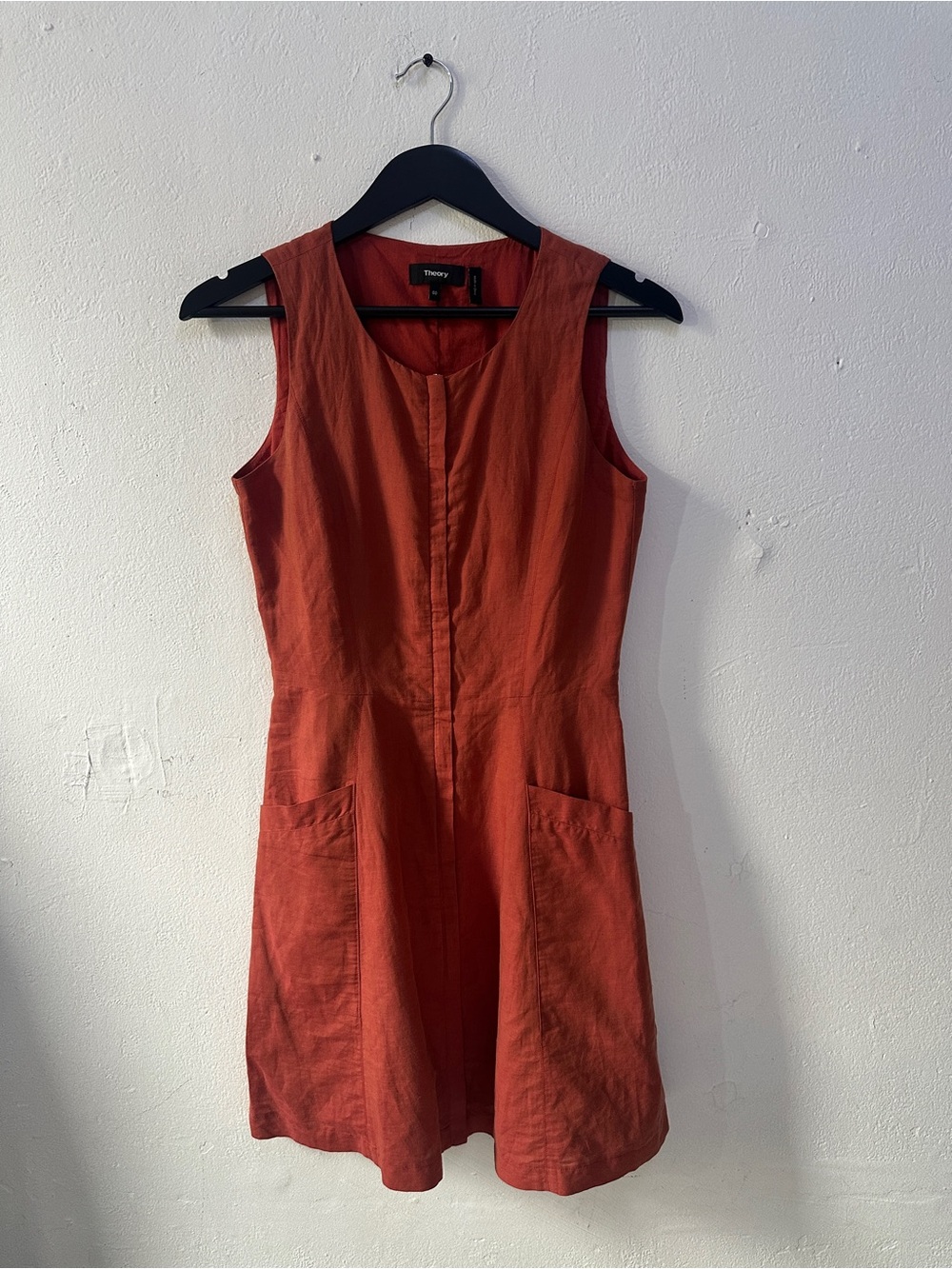 Theory Linen Cotton Sleeveless Shift Dress Rust Orange Front Zipper Size 00